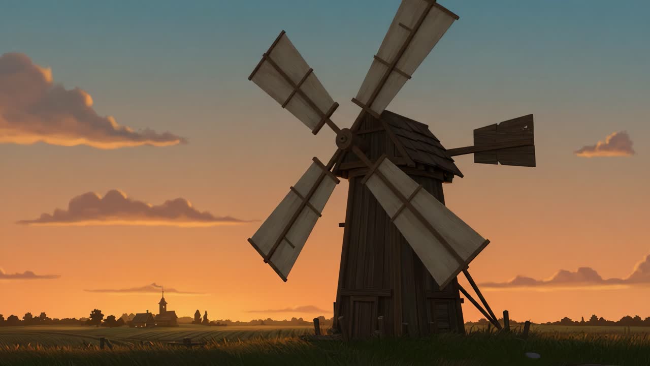 A Serene Sunset Over a Rustic Windmill: Capturing the Beauty of Nature in a Tranquil Landscape as Day Transitions to Night