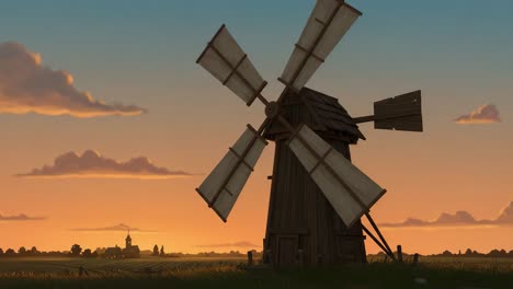a serene sunset over a rustic windmill: capturing the beauty of nature in a tranquil landscape as day transitions to night