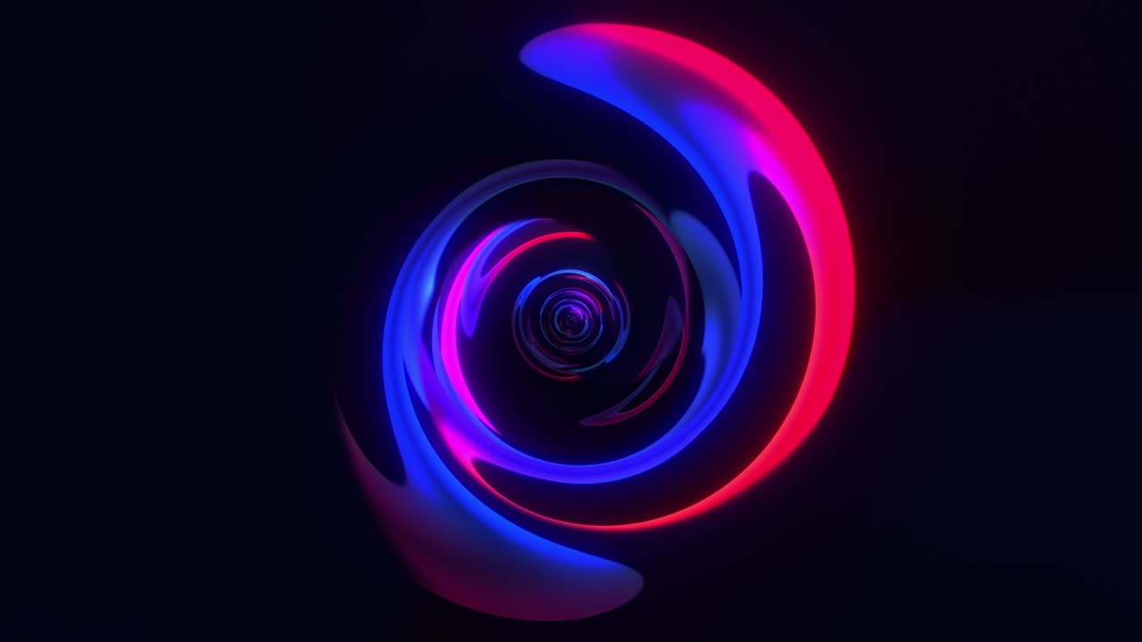 Abstract minimal fluorescent spiral infinite rotation. Fantasy holographic backdrop futuristic circular style. Shiny swirl in purple, blue and pink neon colors. 4K 3D Seamless loop animation.