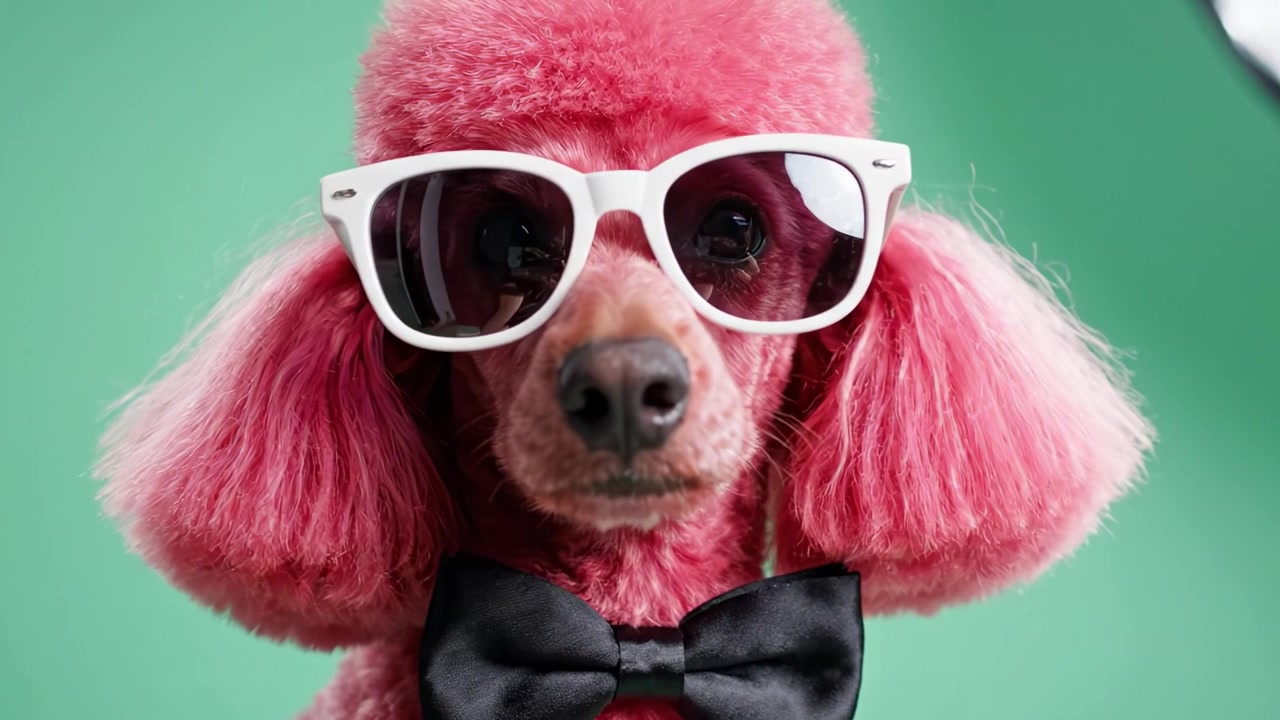 Un Barboncino Rosa alla Moda con Occhiali da Sole Eleganti e un Papillon Classico Posa con Sicurezza su uno Sfondo Verde Vibrante, Mettendo in Mostra una Personalità Animale Adorabile e di Tendenza.