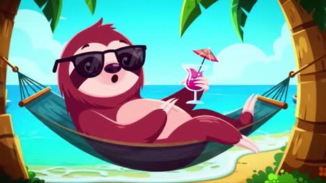 a relaxed sloth enjoys a tropical vacation, sipping a colorful drink under the sun on a hammock by the beach with sunglasses and a fun umbrella