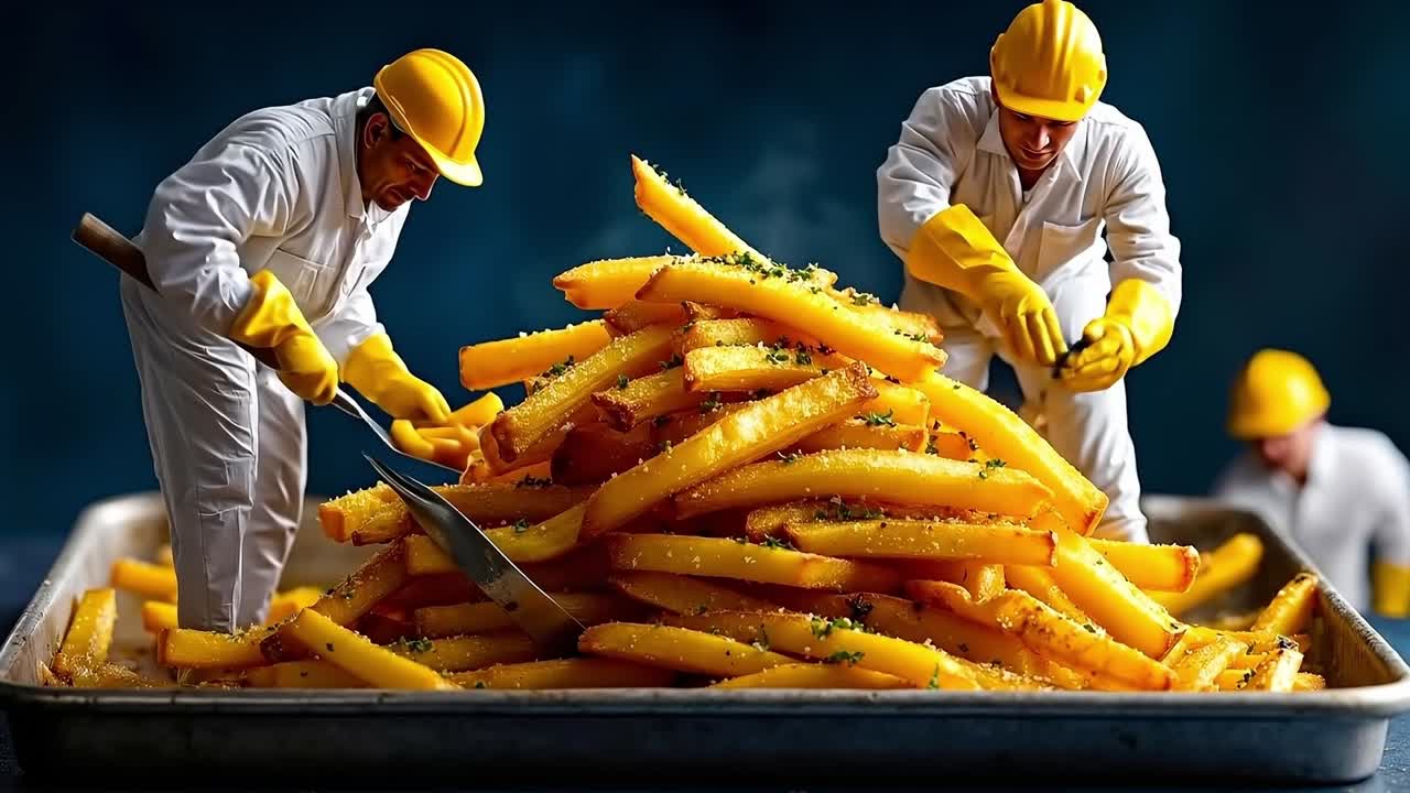 A group of men in hard hats and yellow hard hats preparing french fries