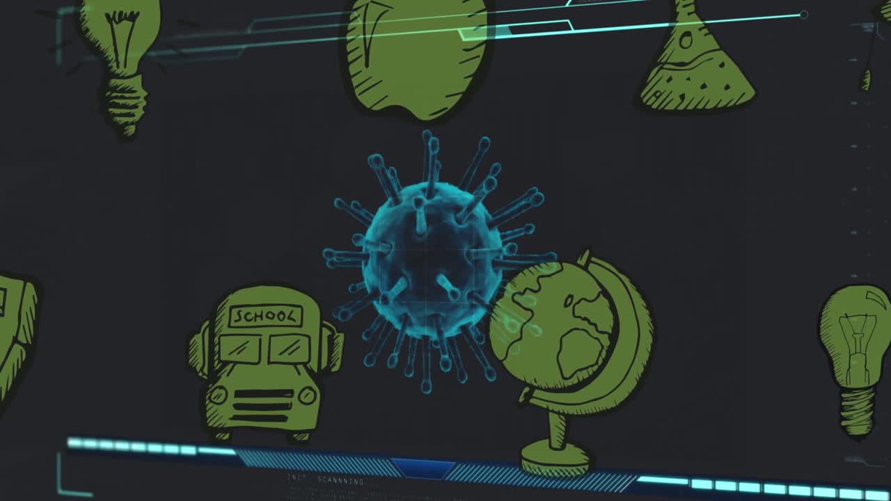 Animation of data processing with virus cell over school icons