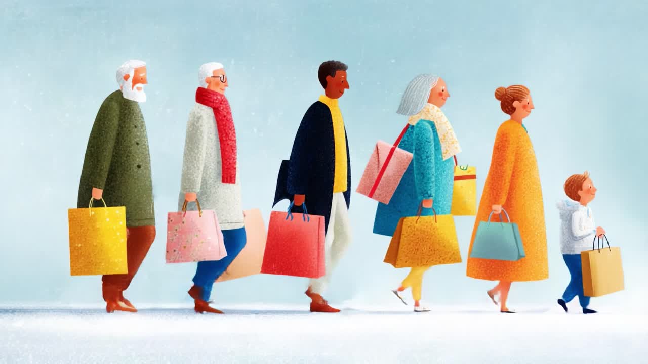A Diverse Group of Shoppers Progresses With Colorful Bags in Hand, Embodying the Joy of Community and Festive Spirit, Illustrating Shared Moments in Life's Journey