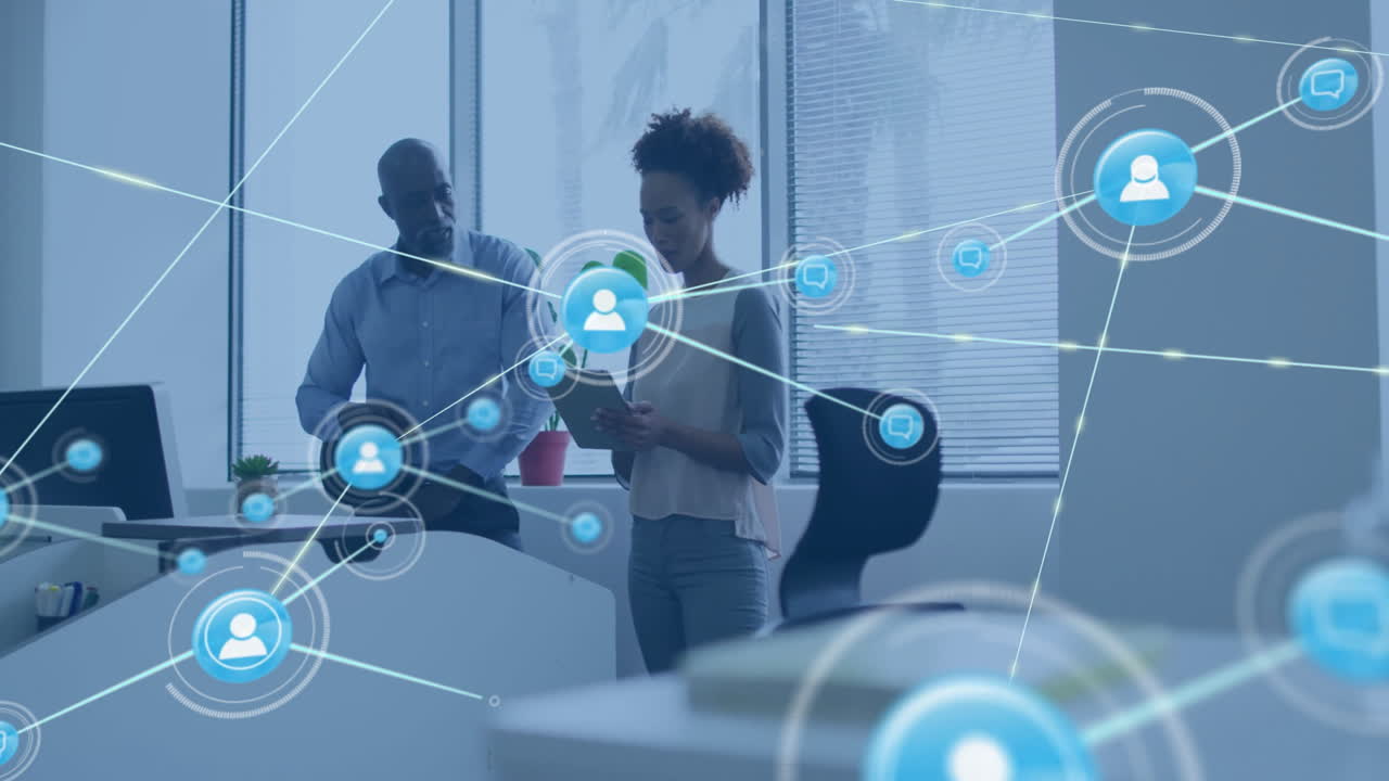 In office, diverse business people networking with data processing animation around them