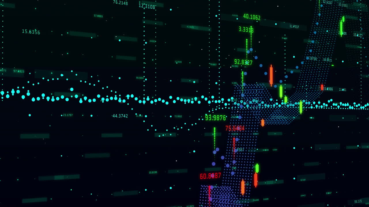 Animating financial data with fluctuating graphs and numerical indicators on screen