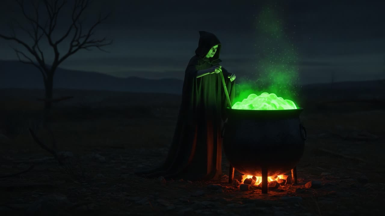 A Mysterious Sorceress Stirs a Luminous Green Potion in a Cauldron Amidst a Dark, Enigmatic Landscape, Evoking Magical and Supernatural Themes