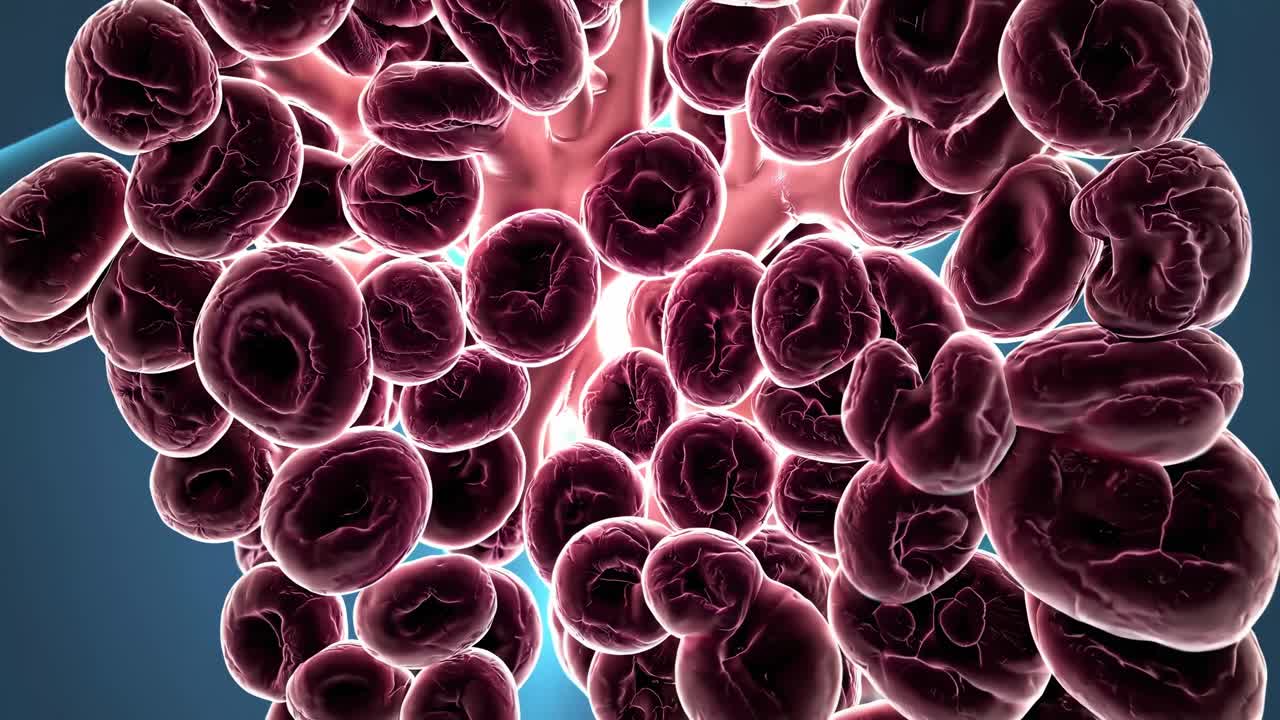 Video ravvicinato di molecole blu astratte con un bagliore delicato, viste dal basso.