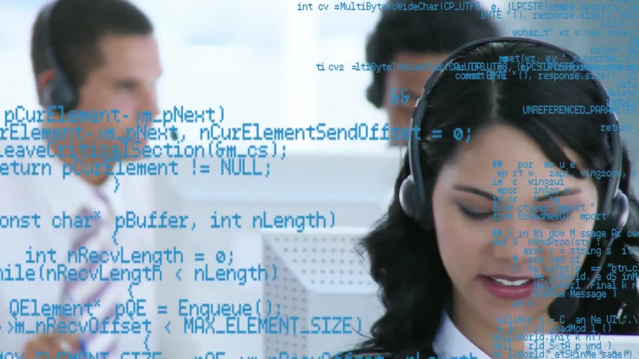 전화 헤드 ⁇ 을 사용하는 비즈니스 사람들에 대한 데이터 처리 애니메이션