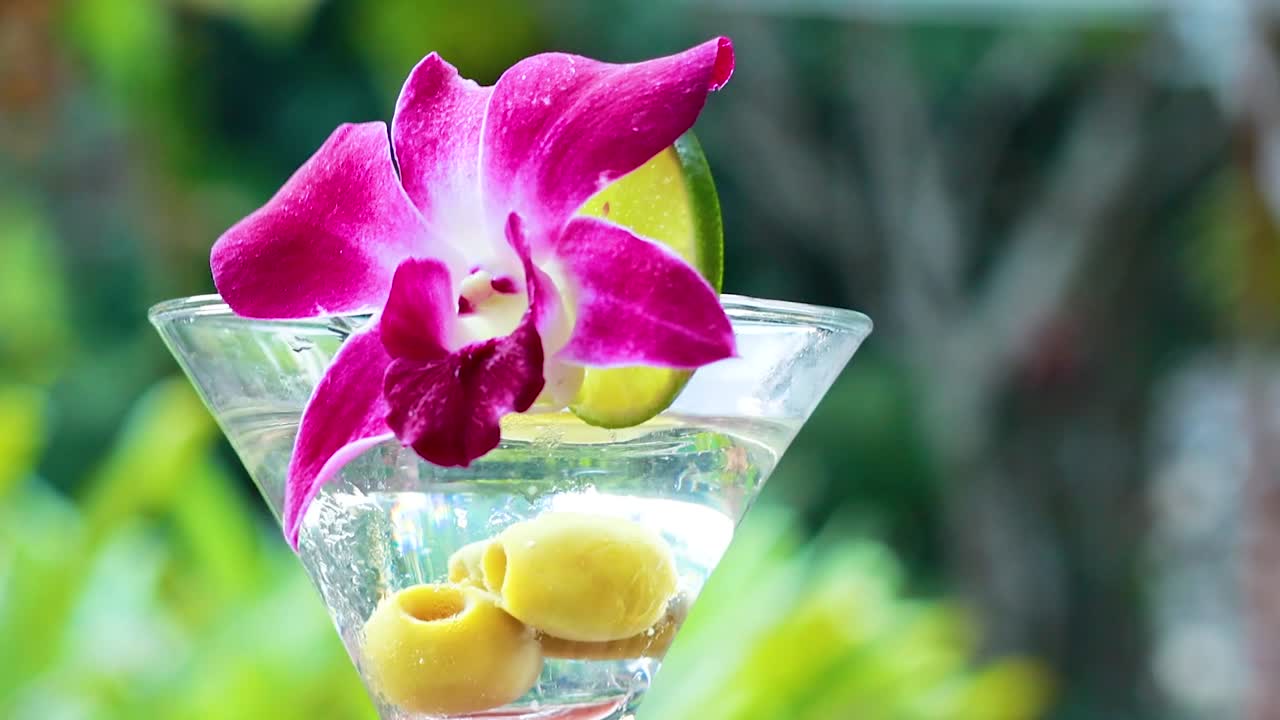 A hand holds a martini glass with olives and a vibrant orchid garnish against a blurred green background.