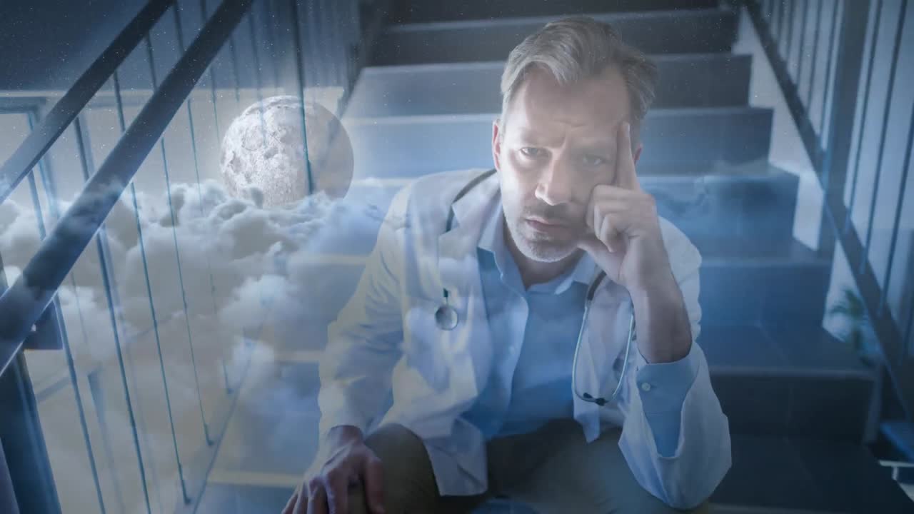 계단 위에 앉아 있는 스트레스를 받은 남자의 디지털 애니메이션 4k