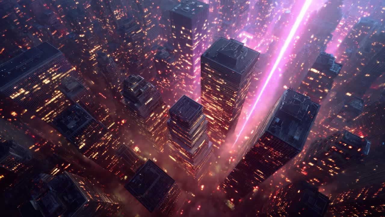 Aerial View of a Vibrant Cityscape at Night with Colorful Lights and Laser Effects Enhancing the Urban Skyline in a Futuristic Atmosphere