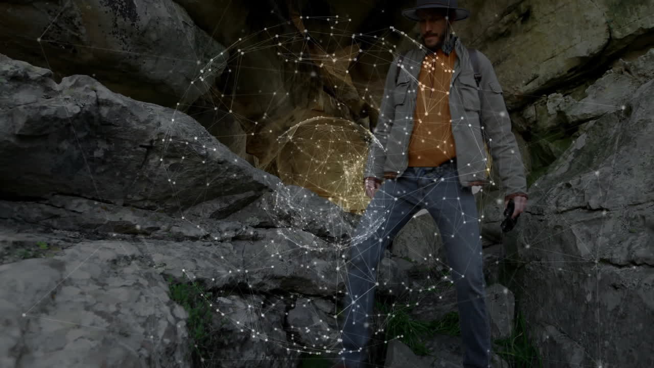 Explorer man navigating rocky cave entrance, showing glowing network nodes overlay for technology