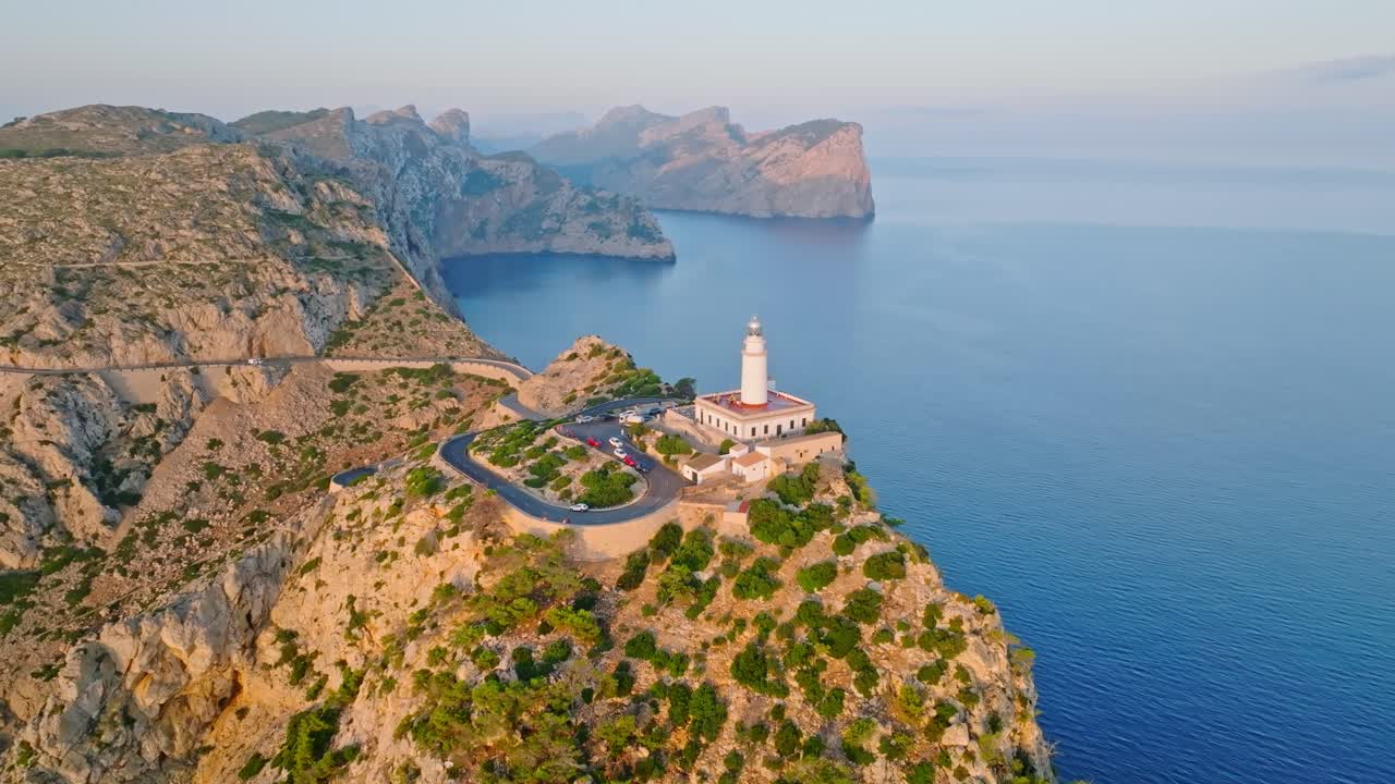 Panoramic aerial parallax around Formentor lighthouse, Serra de Tramuntana Mallorca Spain