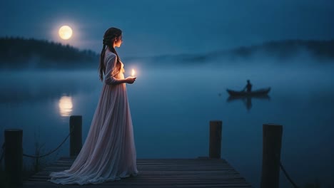 woman with candle on a lake pier at night