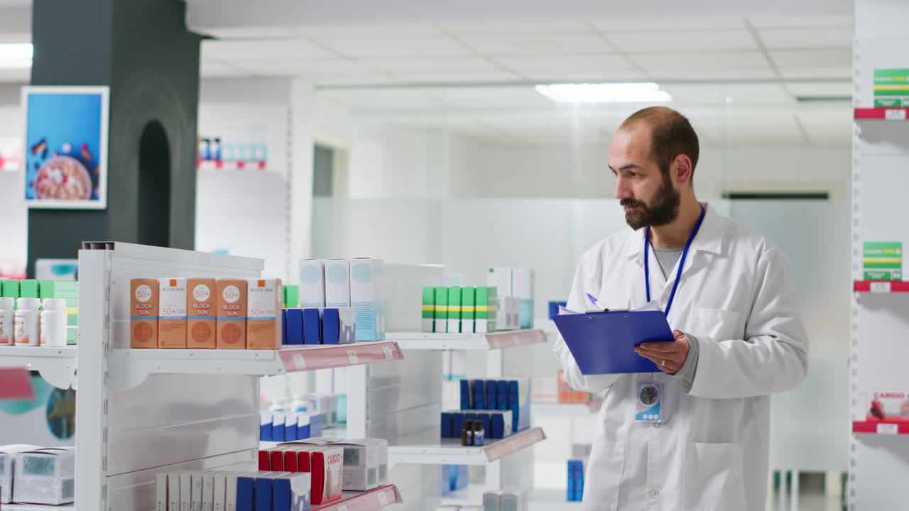 Lavoratore di farmacia che scrive ogni prodotto medico sull'inventario