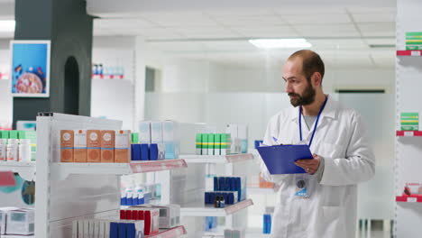 trabajador de la farmacia escribiendo cada producto médico en el inventario