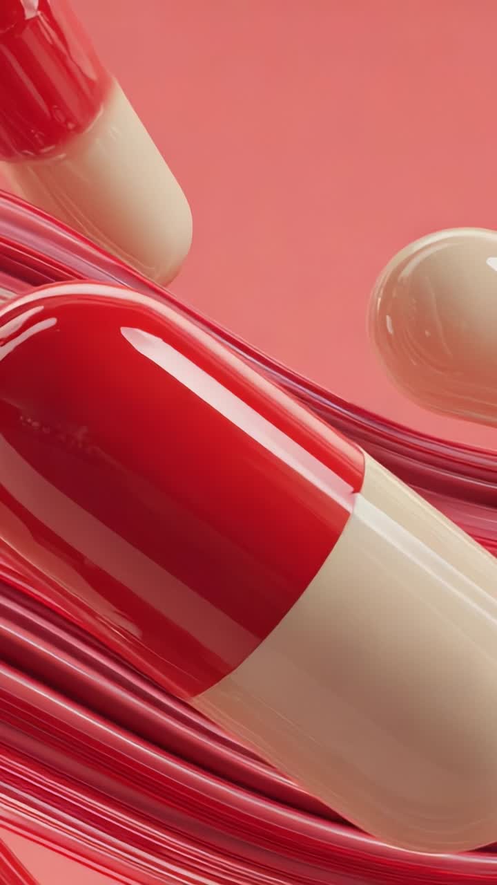 Dynamic Visualization of Colorful Pharmaceutical Capsules Surrounded by Flowing Vibrant Red Strands in an Abstract Composition
