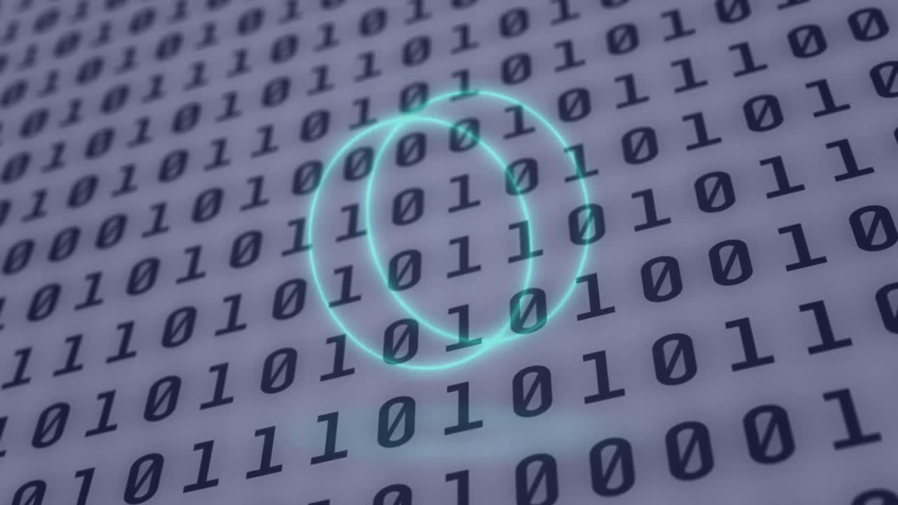 Animation of neon circles over digital screen with binary code