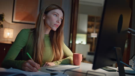woman busy overtime work at dark remote workplace closeup. businesswoman looking