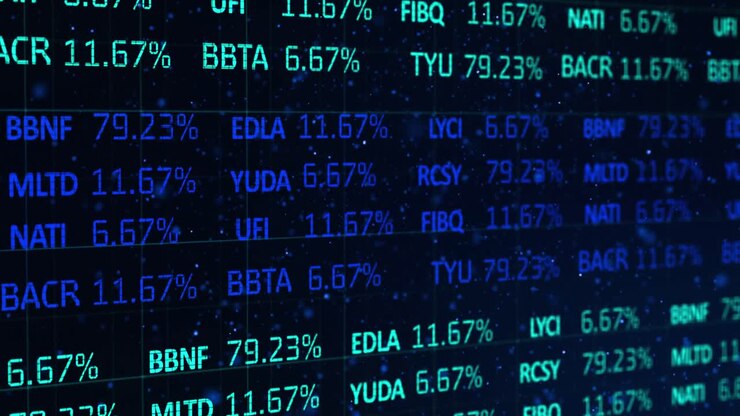 Animation of blue financial shares interface scrolling on a dark cosmos background