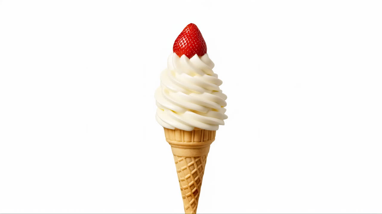 Cono gelato soft con fragola fresca su sfondo bianco