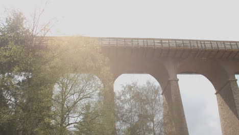 Low-angle-pan-over-the-famous-Passerelle-bridge-in-downtown-Luxembourg