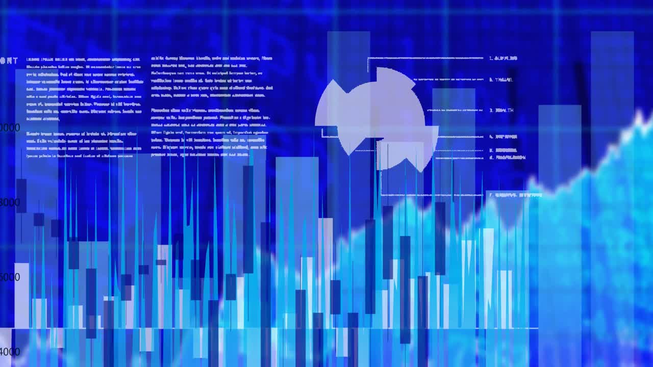 Animation of data processing and statistics recording over blue background