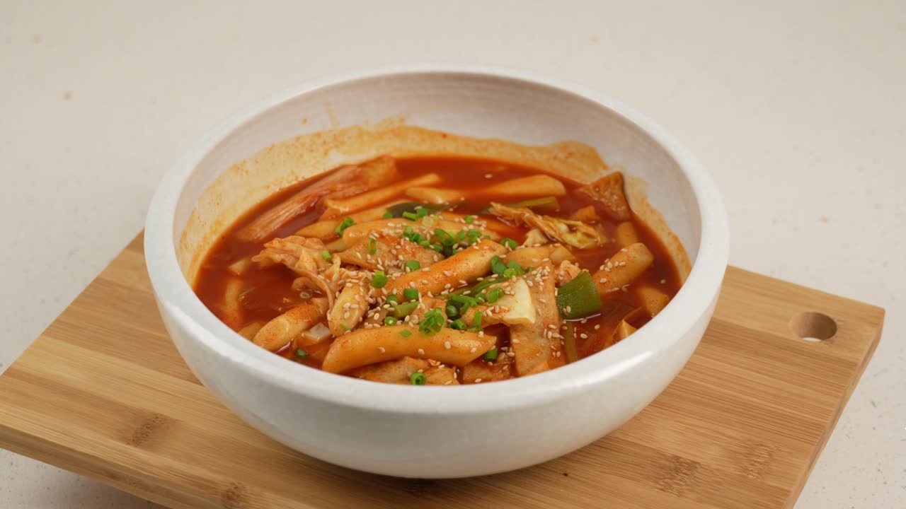 Chewy rice cakes and fish cakes coated in a fiery red sauce, topped with sesame and scallions. 쫄깃한 떡과 어묵이 매콤한 양념에 버무려진 한 접시, 고소한 깨와 파로 마무리.