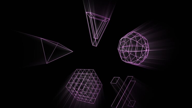 Animation of glowing 3d shapes moving on black background