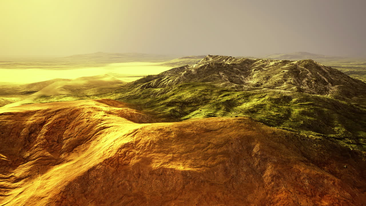 Vast landscape with rolling hills and vibrant colors during sunset