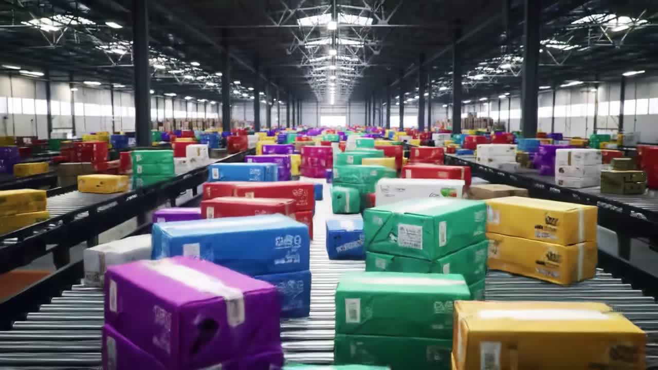 A bustling distribution center showcases a conveyor belt filled with vibrant packages being sorted. The efficient activity highlights the logistics of modern shipping throughout the day.