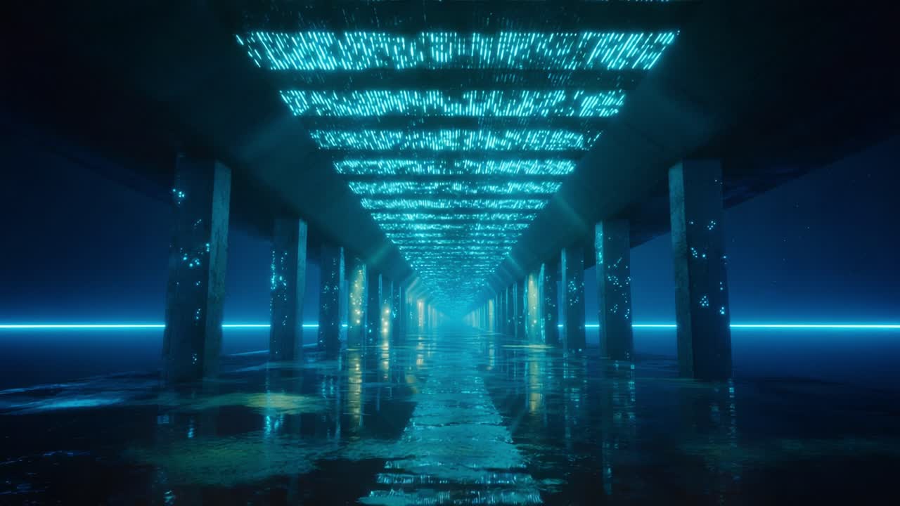 Exploring a Futuristic Underpass with Glowing Neon Lights and Water Reflections, This Surreal Scene Evokes a Sense of Mystery and Adventure in an Otherworldly Environment