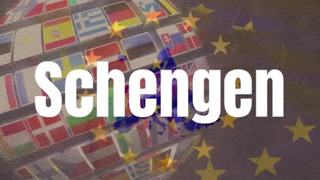 texto de schengen contra la bandera de la ue y globo hecho de banderas de países europeos