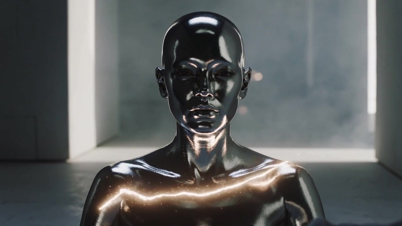 Sparking glowing particle from right contacting chrome robot bust in concrete lab, activating core