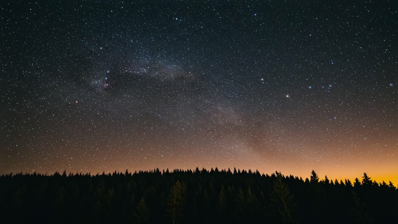 A breathtaking cosmic display unfolds above a tranquil forest landscape, showcasing a stunning night sky filled with stars, galaxies, and a soft glow illuminating the treetops