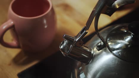 tea cup and steam kettle on kitchen table, close up, tea is ready