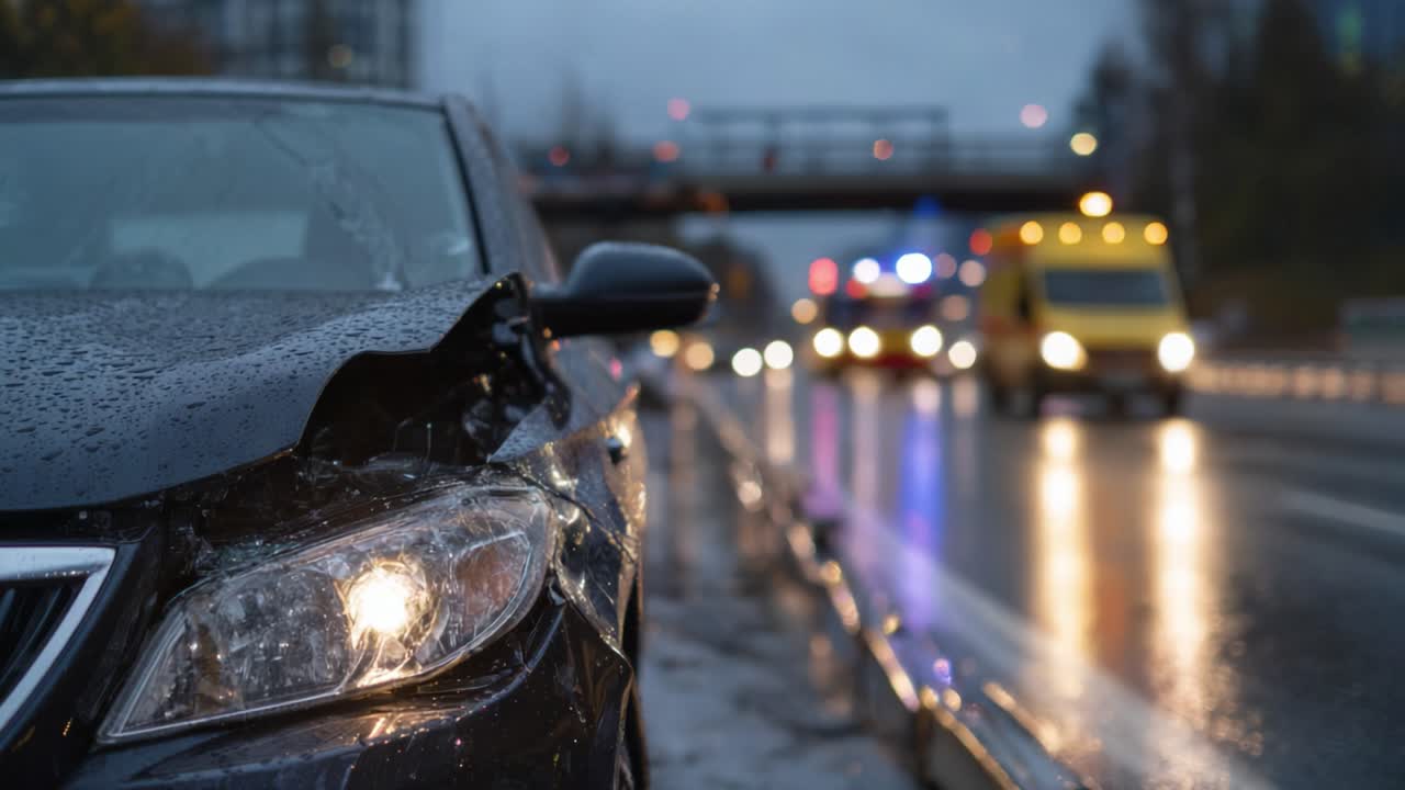 A rain-soaked car crash scene on a rainy road during evening hours ...