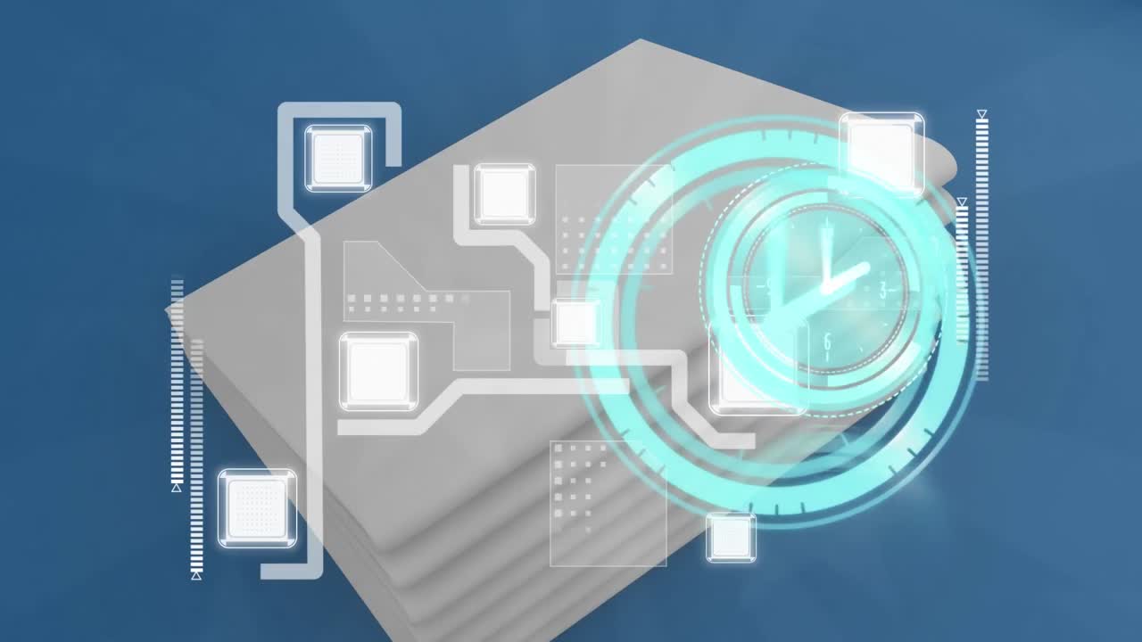 연결 네트워크를 통해 빠르게 움직이는 시계의 애니메이션