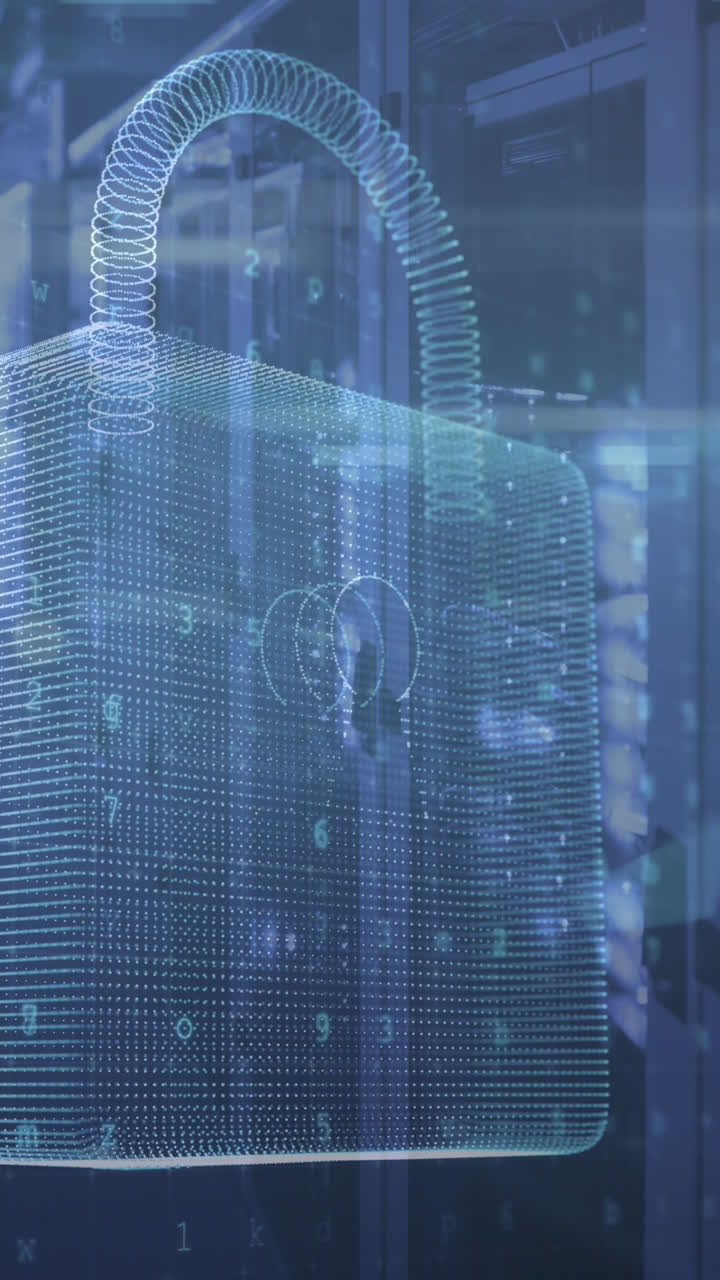 animación del procesamiento de datos y el candado sobre la sala del servidor