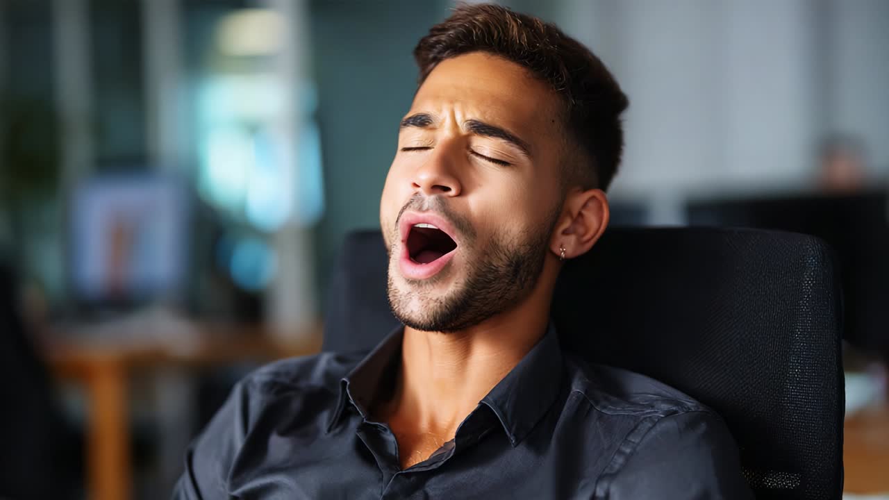 A Series of Expressions Captured in a Professional Workspace: From Yawning to Smiling, Showcasing the Emotional Transitions of a Young Man in an Office Environment
