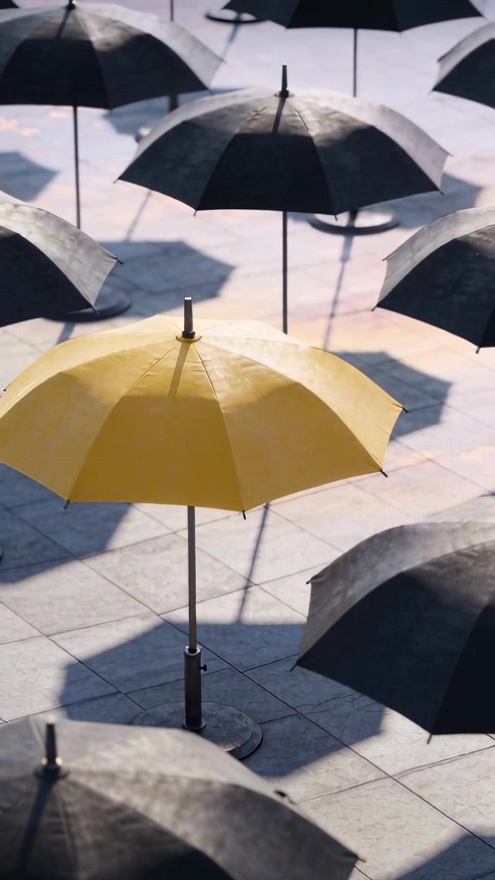 Video verticale: Telecamera che si sposta, mostrando un ombrello giallo in piazza tra ombrelli neri che proiettano ombre.
