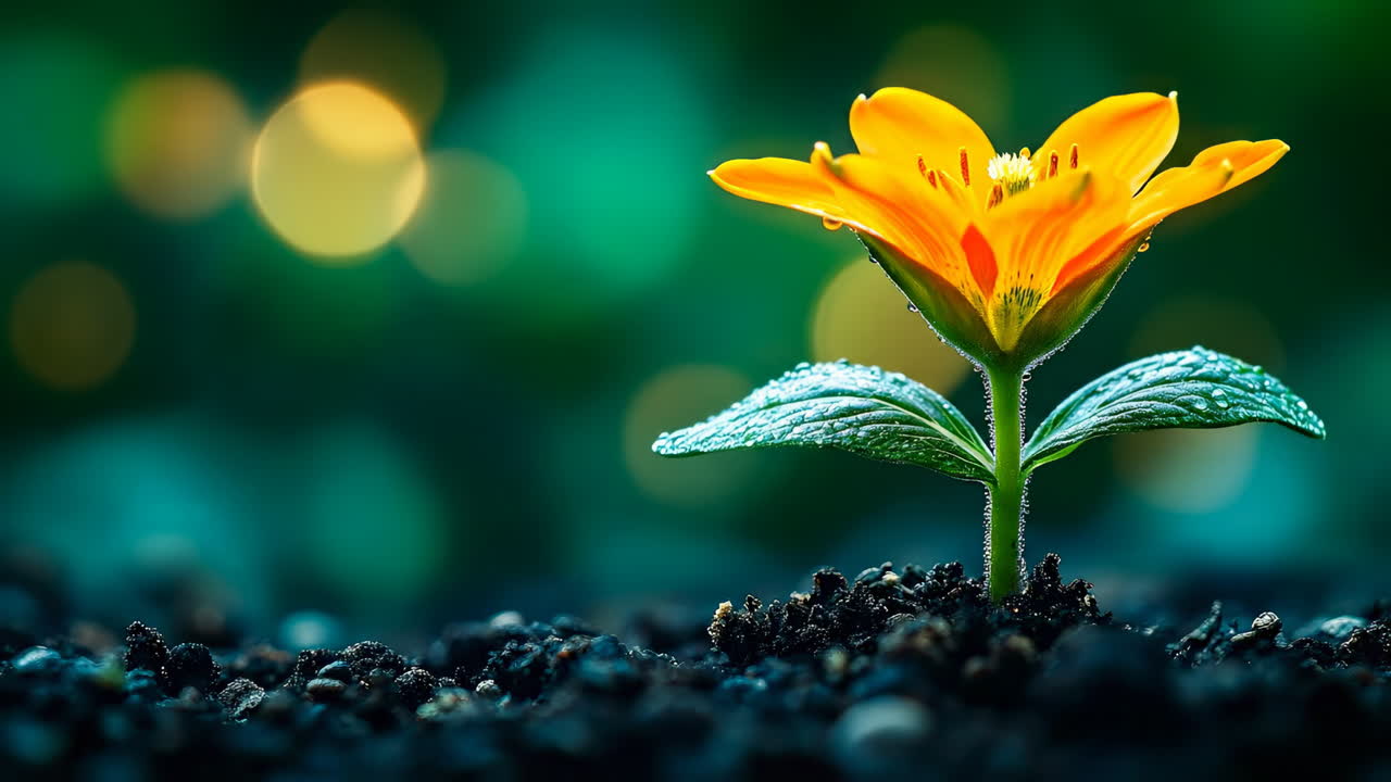 Vibrant orange flower blooming in soil. An orange flower stands tall in dark soil, sparkling with dew on its leaves, showcasing nature's beauty in detail