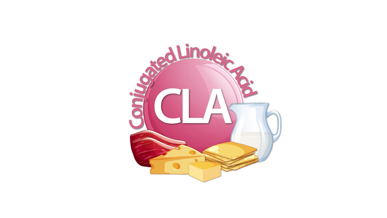 Animated sequence introduces a CLA emblem, then adds illustrated steak, cheese, and milk icons, highlighting dietary sources. Clean, minimal white background, smooth transitions