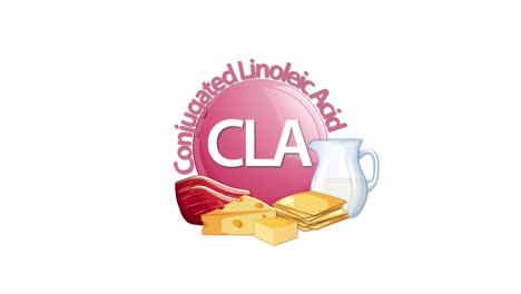animated sequence introduces a cla emblem, then adds illustrated steak, cheese, and milk icons, highlighting dietary sources. clean, minimal white background, smooth transitions