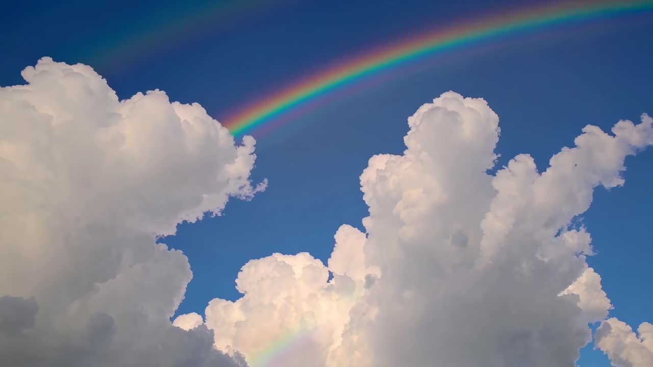 Uma filmagem em ângulo baixo capta nuvens brancas e fofas contra um céu azul claro, com um arco-íris vibrante.