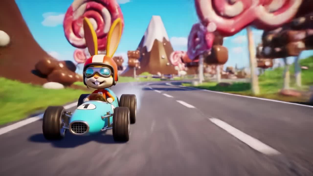 Un allegro coniglio dei cartoni animati sfreccia lungo una stravagante strada a tema caramelle su un go-kart colorato, godendosi il vibrante paesaggio di alberi di lecca-lecca e colline di cioccolato