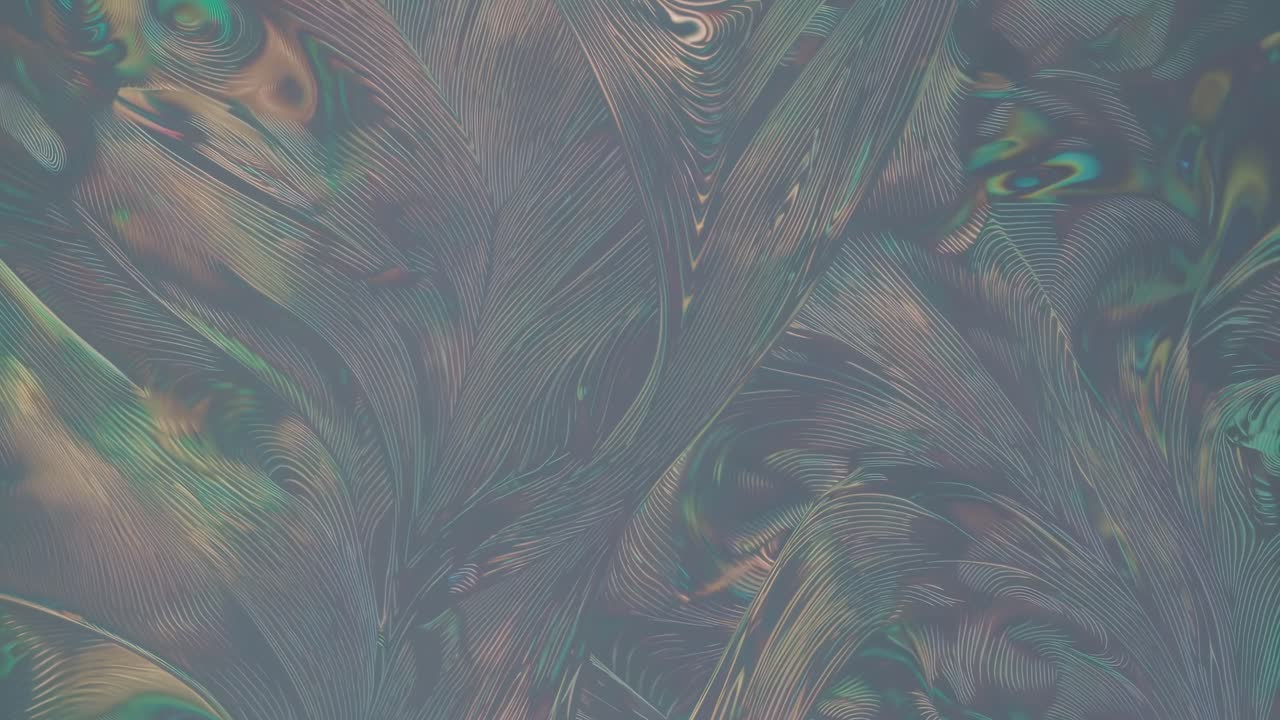 Abstract video background with swirling, feather-like patterns in iridescent colors