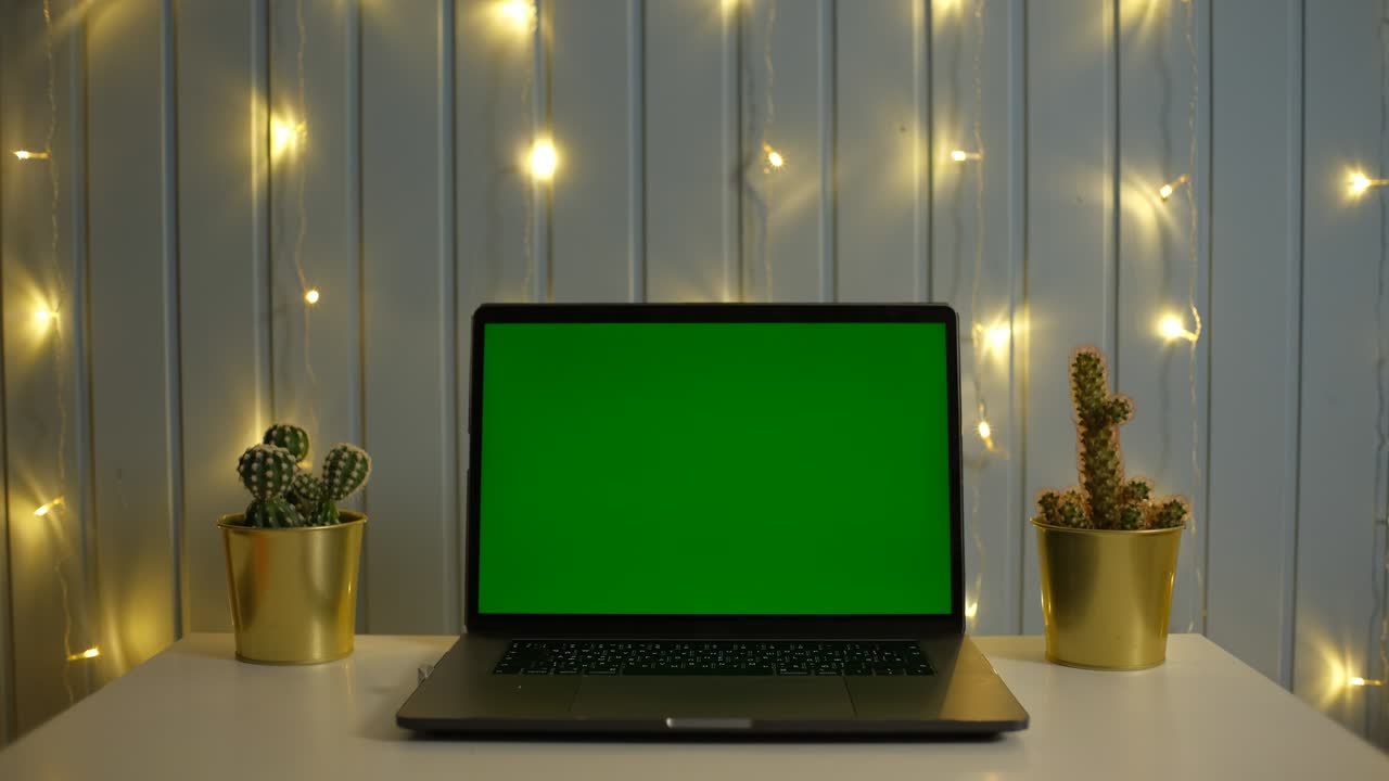 Green screen laptop computer on a homework desk in dark room with garland background
