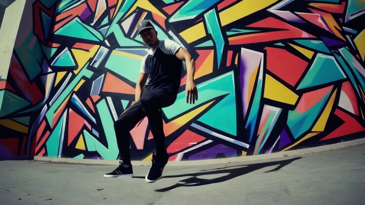 Uomo in posa davanti a un vivace muro di graffiti